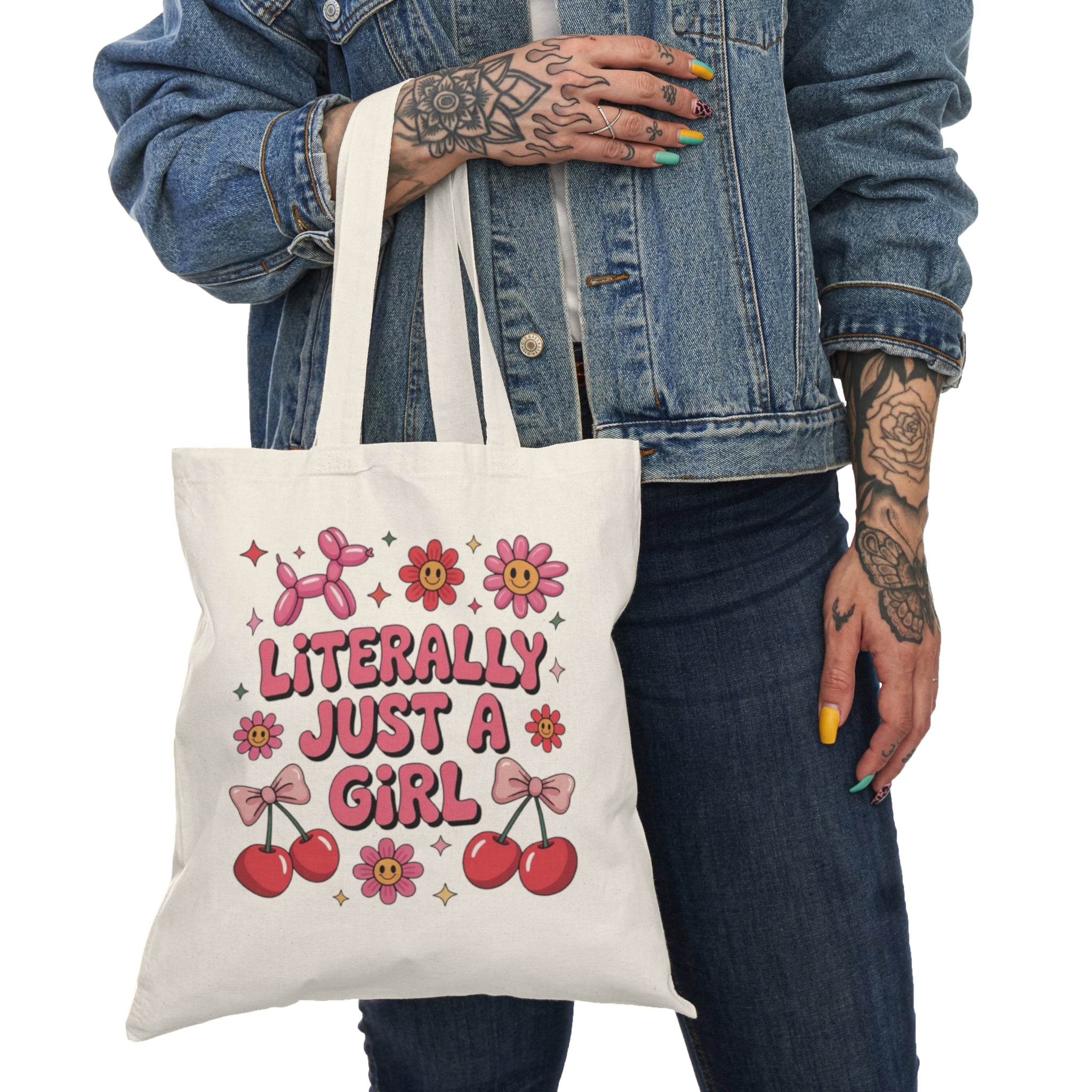 "Literally Just a Girl" Graphic — Cute Floral Tote Bag