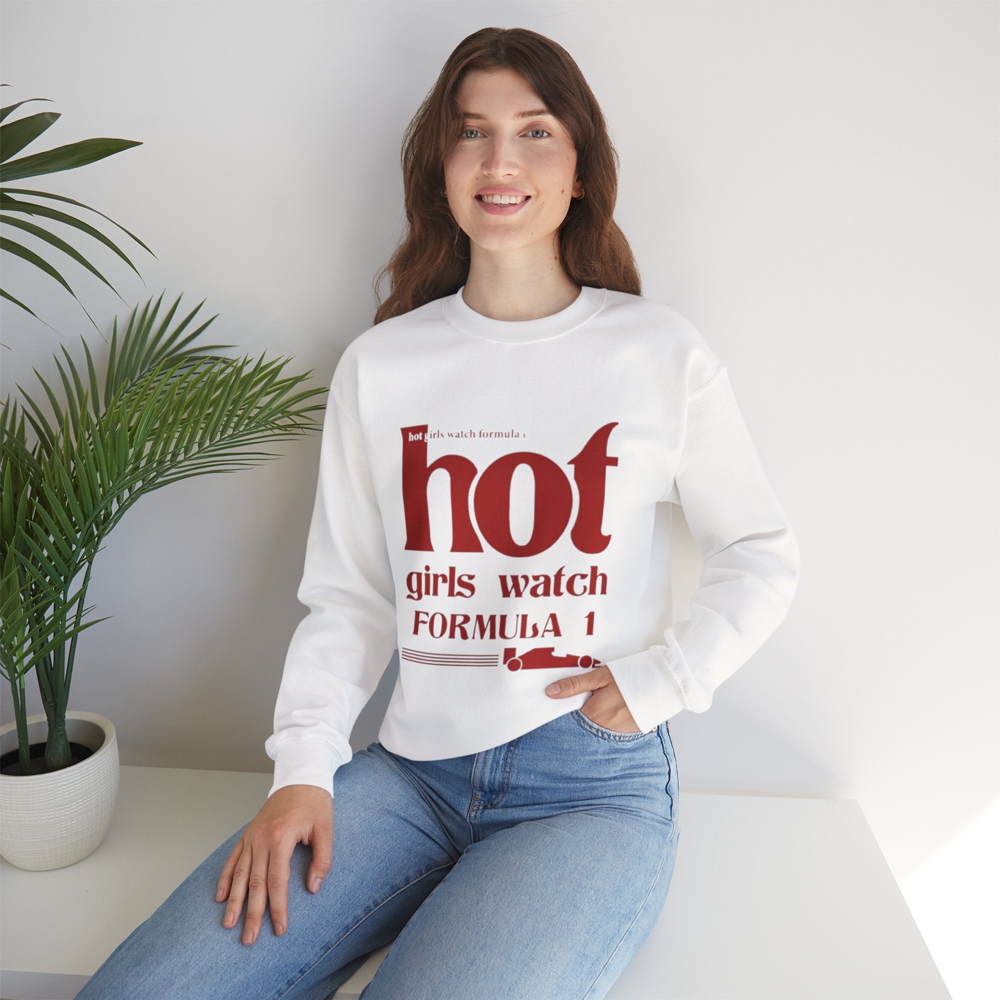 Formula 1 Crewneck Sweatshirt — "Hot Girls Watch Formula 1" Red Racing Graphic